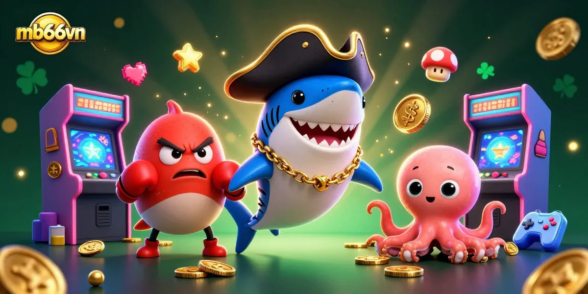 Experience the thrill of mb66vn with a vibrant 3D pirate-themed gaming scene filled with gold coins and arcade machines.