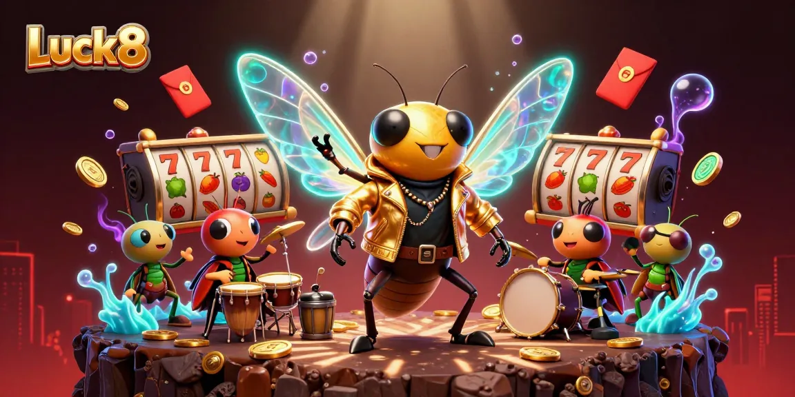Experience thrilling slots at Luck8 with a vibrant 3D scene of a rock star cicada and dynamic game elements.