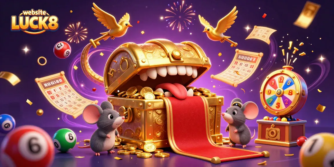 Experience the excitement at website LUCK8 with dynamic lottery fun and a treasure-filled scene.