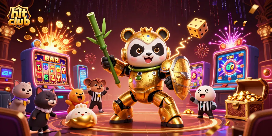Experience the excitement at hit club with a 3D illustrated casino scene featuring colorful games and energetic characters.