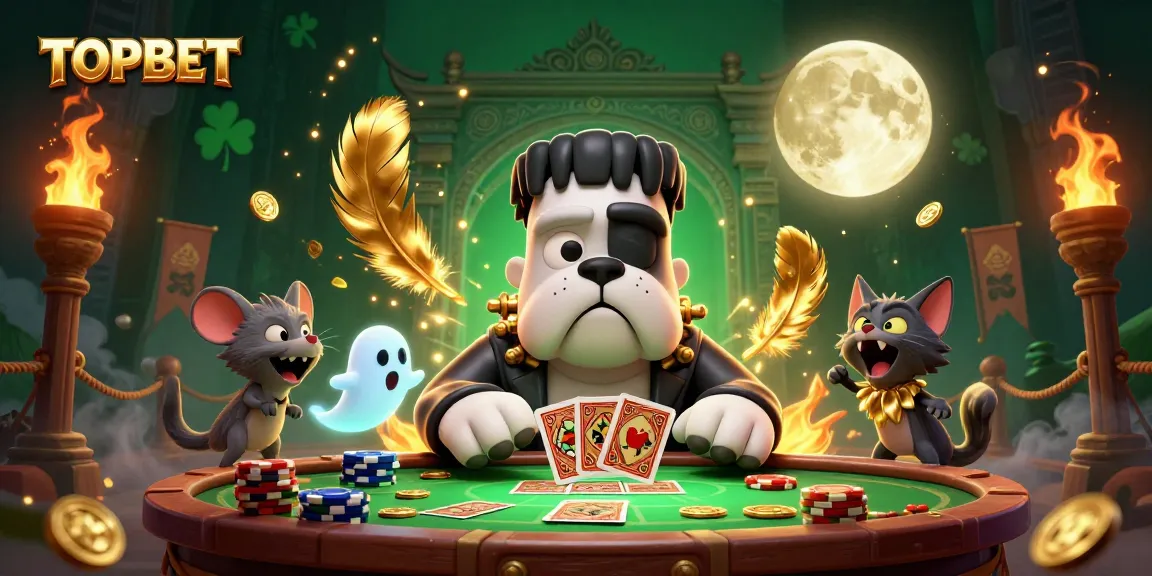 TOPBET's captivating scene features a bulldog monster dealing cards with lively casino elements.